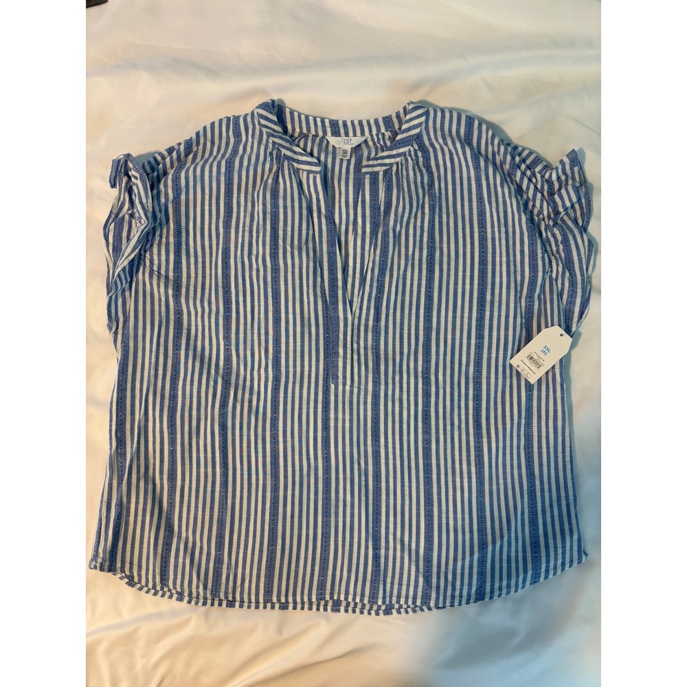 Time and Tru Blue Ink Striped Ruffle Collar Tank Top XXL 20 NEW